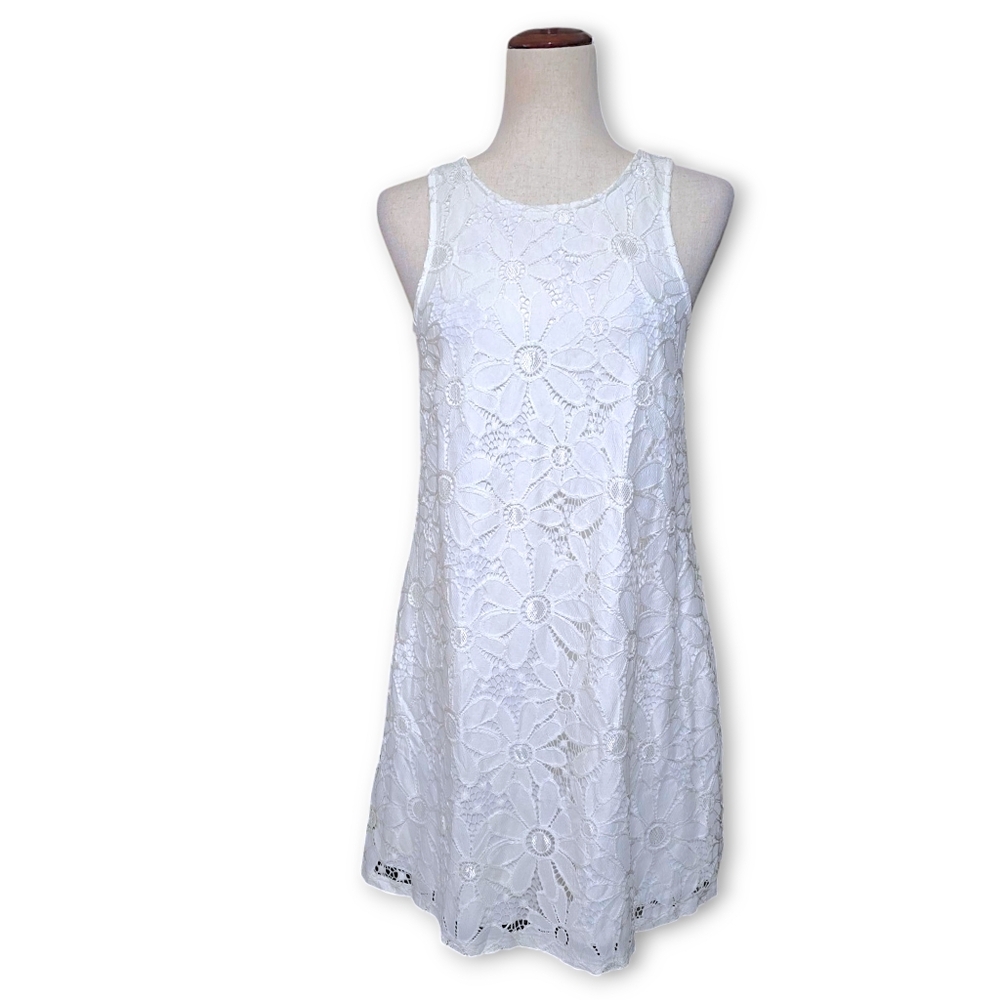 Speechless... Cream Floral Embroidered Lace Mini Dress|Sleeveless|Side Pockets|M
